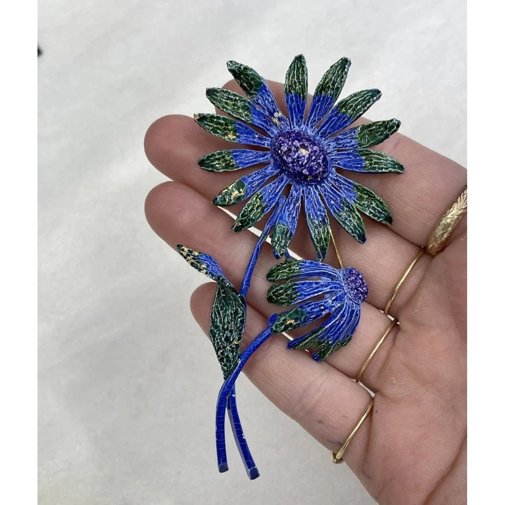 Vintage Signed ART Arthur Pepper Blue Green Enamel Daisy Flower Brooch Pin 60s